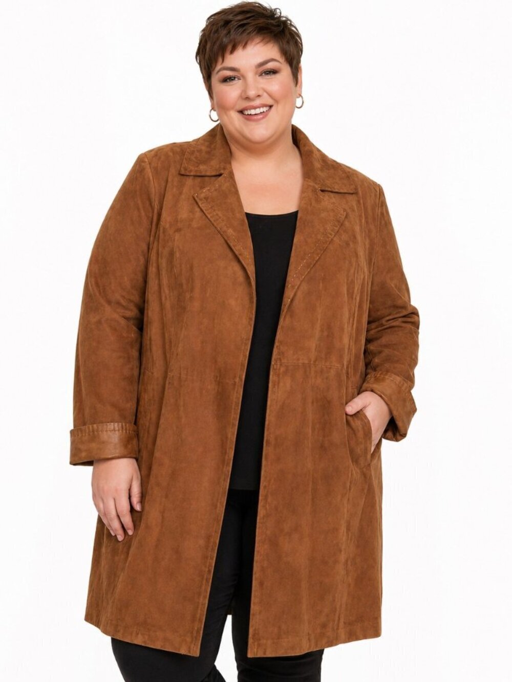 Tesori Genuine Leather Suede Chestnut Brown Long Duster